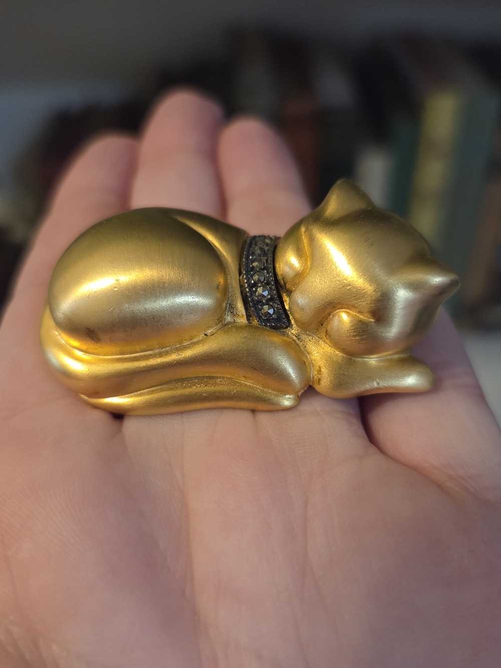 Vintage Judith Jack Gold Sleeping Cat Brooch Pin Marcasite Stone Collar MCM